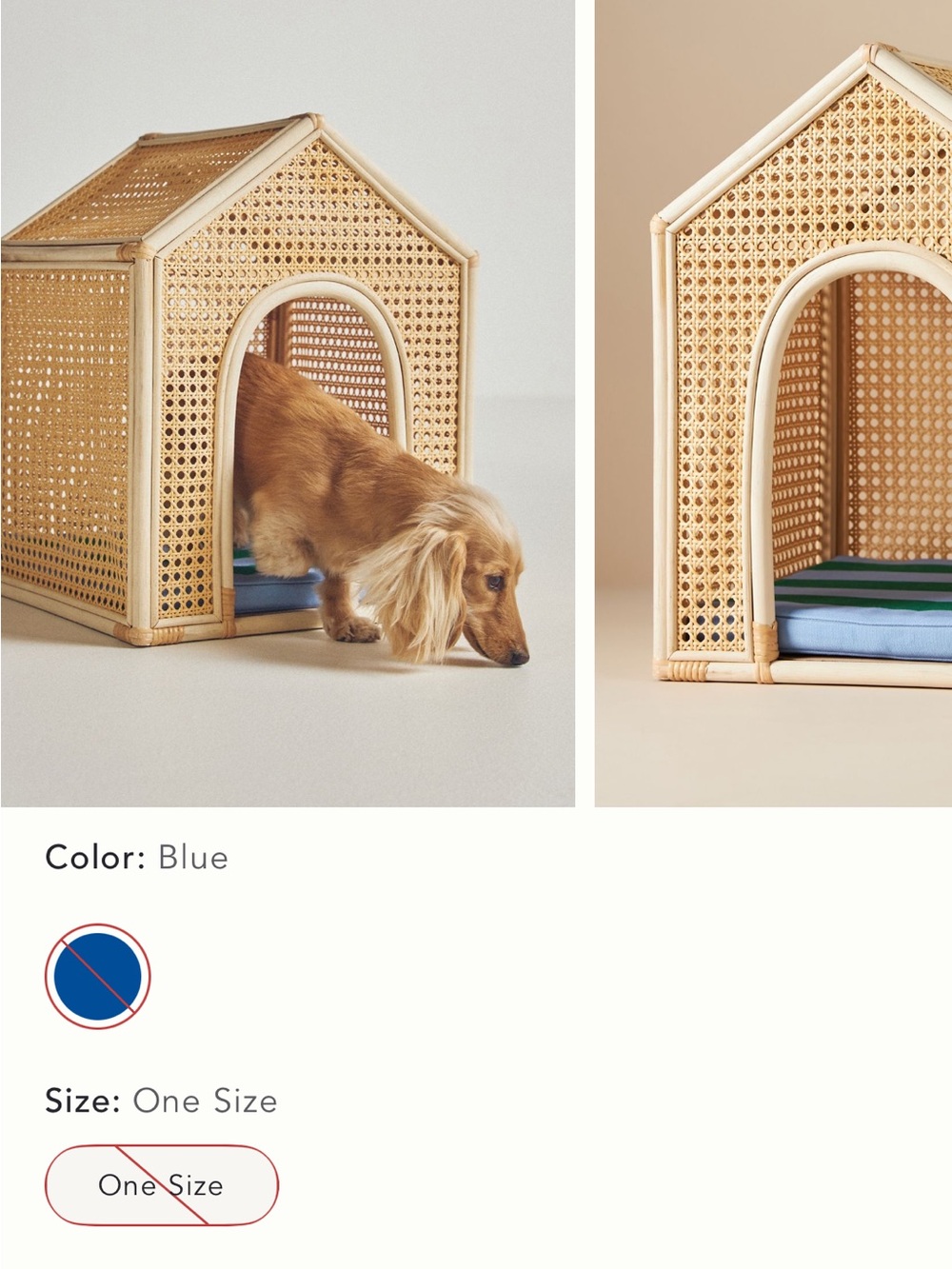 Anthropologie Rattan Dog House with Blue Cushion